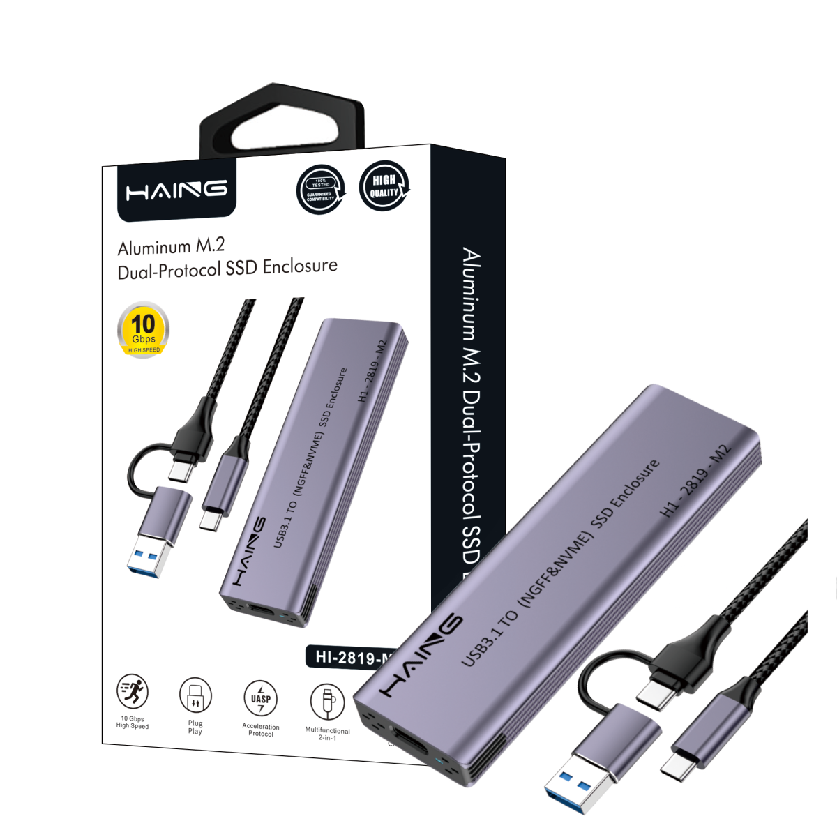 HAING M2 Aluminum NVME M.2 Dual-Protocol USB 3.1 & Type-C SSD Enclosure 10 Gbps- HI-2819 HAING M2 Aluminum NVME M.2 Dual-Protocol USB 3.1 & Type-C SSD Enclosure 10 Gbps- HI-2819